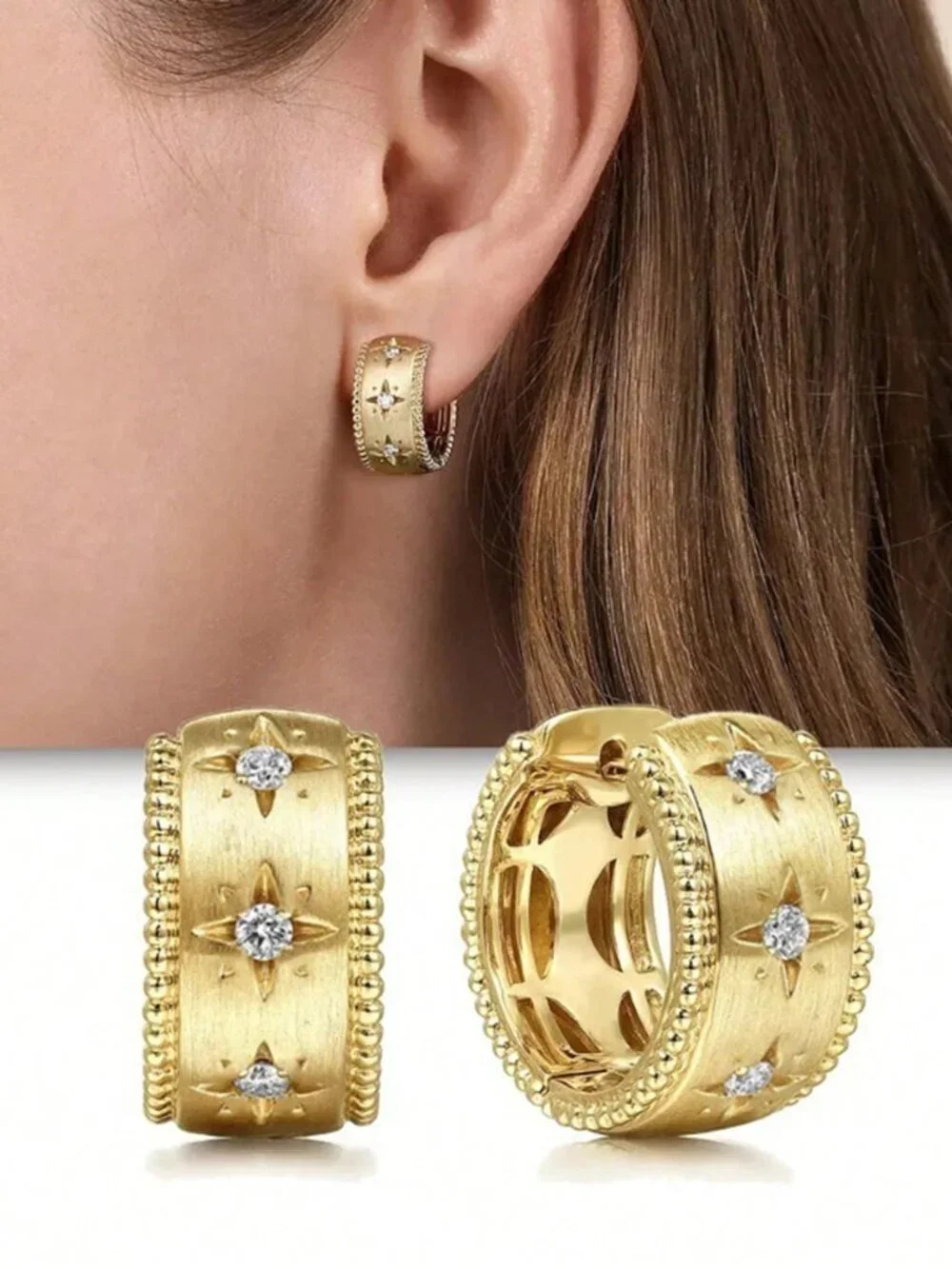 Yellow Gold Elegant Women's Cubic Zirconia hoop Earrings